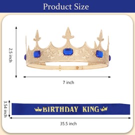 Amairver King Crown and Birthday Sash for Men Birthday Decorations Gold Blue Kings Crown King Tiaras for Birthday Party Men’s Decoration for Birthday Party Birthday Accessories