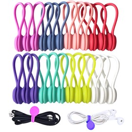 Reusable Magnetic Ties with Strong Magnet for Bundling and Organizing Cables,Headphone Cables,USB Charging Cords,Hanging & Holding Keychain,Silicone Cord Winder Magnetic Cable Clips 8 Colors - 24 Pack