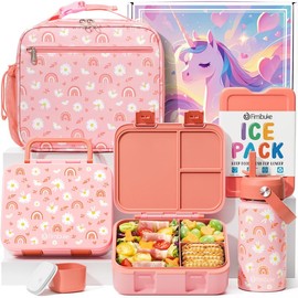 Fimibuke Bento Box Set with Insulated Thermos, Lunch Bag & Ice Pack, 3-Compartment Lunch Container, ONE-STOP Lunch Solution for School - Color: Rainbows & Daisies