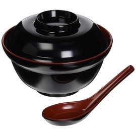 JapanBargain 4 Set Rice Miso Soup Bowl w/ Lid and Spoon Black & Red Color 21 oz S-3424+2384x4