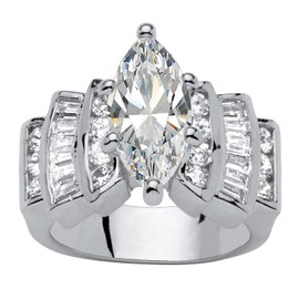 PalmBeach Yellow Gold-Plated or Silvertone Marquise Cut Cubic Zirconia Step Top Engagement Ring Size 8