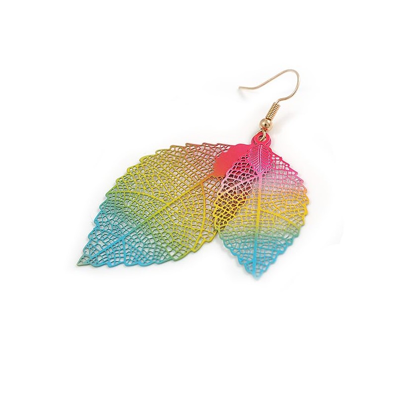 Multicoloured Double Leaf Drop Earrings/Lightweight - 70mm Long