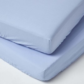 HOMESCAPES Blue Cot Bed Fitted Sheets 70 x 140 cm 2 Pack 100% Egyptian Cotton Percale Soft Hypoallergenic Toddler Bed Sheet Fully Elasticated Skirt Breathable Easy Care 200 TC 400 Thread Count Equiv