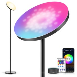 YHW Smart RGB LED Floor Lamp Works with Alexa Google Home, WiFi Remote Modern Tall Standing Light, Super Bright 2000LM Color Changing & Dimmable Sky Torchiere for Living Room, Bedroom (Black)