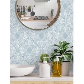 Dimoon 236"x16.1" Peel and Stick Wallpaper Textured Contact Paper Geometric Wallpaper Blue White Thicken Waterproof Modern Self Adhesive Square Wallpaper Removable Shelf Liner Decal Vinyl Roll