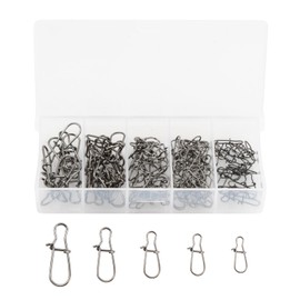 Cozlly Snaps Fishing Set, 100 Pieces Fishing Lock Snaps, Stainless Steel Duo Lock Snaps with Box, Carabiner Set for Predator Fishing, for Bass, Trout, Zander & Pike (5 Sizes, Silver)