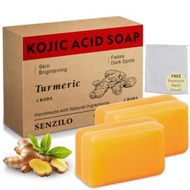 Senzilo Kojic Acid Soap, Turmeric Soap for Dark Spots with Collagen, Vitamin E, Retinol, Hyaluronic Acid, Shea Butter, Turmeric Soap Bar for All Skin - 105g x 4 Bars