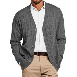 Runcati Mens Cable Knit Cardigan Sweater V Neck Casual Button Down Sweaters Long Sleeve Fall Outwear with Pockets Dark Grey