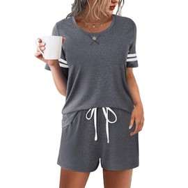 Ekouaer Womens Pajama Sets Short Sleeve Short Sets 2 Piece Sleepwear Soft Lounge Sets with Pocket,Medium Grey,M