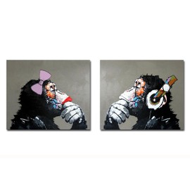 Fokenzary Hand Painted Oil Painting on Canvas Listening Music Pop Gorilla Couple Lover Wall Decor Framed Ready to Hang