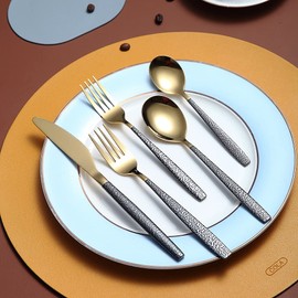 20 Pieces Silverware Set Shiny Gold Head Coating With Black Mars Handle, Stainless Steel Titanium Plating Knives Spoons Forks Flatware Set Utensils Set Cutlery Set Service For 4