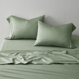 EVERGRACEHOME Cotton Tencel Cooling Sheets Set Queen Size for Hot Sleepers, Luxe Silky Soft Organic Eucalyptus Lyocell Bedding 4-Piece Set, 1 Flat & 1 Deep Pocket Fitted Sheet, 2 Shams, Sage Green