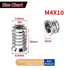 Pack of 50 Screw Nuts M4 x 10 mm, Threaded Insert Wood Screw-In Sleeves, Thread Inserts Wood Made of Carbon Steel, Hex Hex Nut for Wooden Furniture Screws Silver