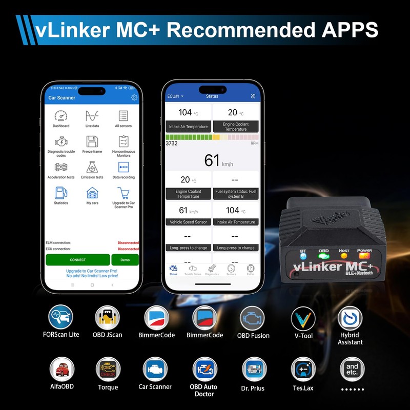 V-gate vLinker MC+ OBDII Bluetooth Adapter Car Wireless OBD2 Scanner