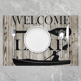 Lake House Elegant Placemats for Dining Table Set of 4, Cabin Rustic Farmhouse Style Place Mats 12x18 Inch for Restaurant,Light Brown Wood Stripes Kitchen Table Mats Easy to Clean