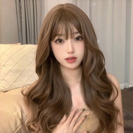 RyuuCos Women's Wig, Long Hair, Curly Bangs, Brown, Brown Wig, Curly Hair, Honey Flax, Cosplay, Heat Resistant, Disguise, Present, Event, Halloween, Christmas, School Festival, Cultural Festival,