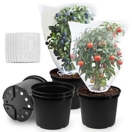 RooTrimmer 12-Inch Reusable Nursery Pots with Durable Bird Netting Covers for Outdoor/Indoor Plants, 5-Gallon Garden Pots & Bird Netting for Garden Protection Bundle (5-Pack)