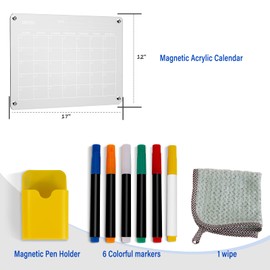Magnetic Acrylic Calendar Board for Fridge 16”x12 Clear Acrylic Calendar Planner Board Reusable Calendar Whiteboard Includes 6 Dry Erase Markers with 6 Colors and Eraser (Calendar)