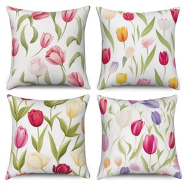 ASDCXZ Flower Pillow Cover 40x40 cm 4pcs Set, Fresh Rose Purple Yellow Flower Leaves Sofa Deco Pillow Covers Washable Polyester Flax Textile Outdoor Upholstery