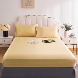 DuShow Satin Fitted Sheet Yellow Super King 180 x 200 cm, Silky Satin Bed Sheet with Deep Pockets, Breathable Soft Comfortable Satin Bed Linen, Fitted Sheet Yellow, Suitable for Mattresses up to 30 cm