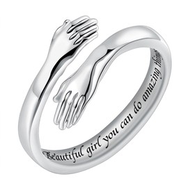 LOVECOM S925 Sterling Silver Hug Rings for Women Adjustable Hugging Hands Open Ring for Men Promise Rings Jewelry Birthday Christmas Gifts for Dad Mom Wife Daughters Grandma Best Friend, US Size 7,