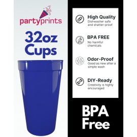 PartyPrints 10 Pack 32 Oz Royal Blue Reusable Blank Plastic Cups | Stadium Cups Bulk – Extra Large Colored BPA Free Dishwasher Safe Party Cups for Wedding, Birthday, Graduation, Clubs, Party