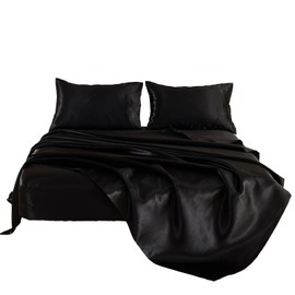 Kingnex Satin Queen Sleeper Sofa Bed Sheets for Pull Out Sofa Bed Soft Smooth Silky Satin 4 Piece Bedding Sheet & Pillowcase Set (60"x74"x6") Black