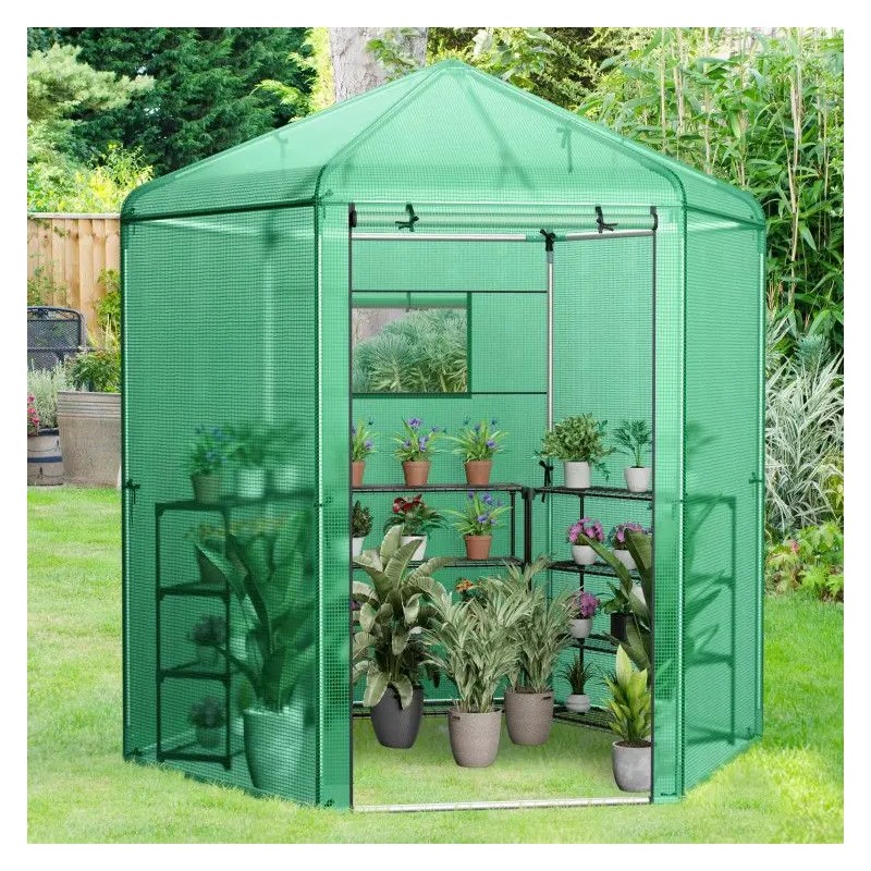 Hexagonal Walk-In Garden Greenhouse with PE Cover and Metal Frame