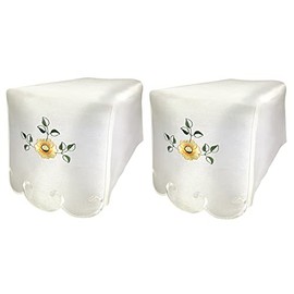 Floral Square Arm Cap Pair Embroidered Yellow Flower Scalloped Edge Sofa Settee Chair Protector