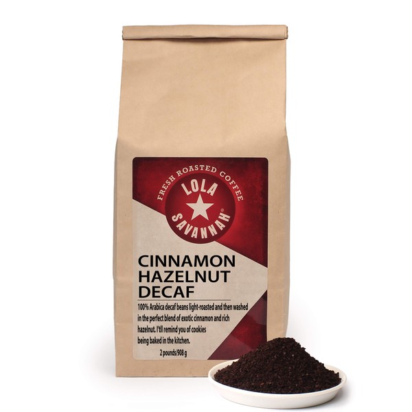 Lola Savannah Cinnamon Hazelnut Ground Coffee - Spice Up Your Day with Warm and Nutty Flavor Blend of Cinnamon & Hazelnut Coffee, Decaf, 2lb Bag
