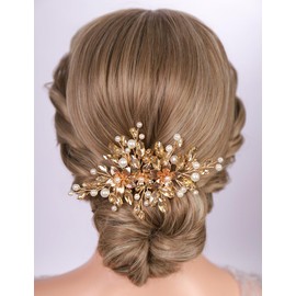 Teyglen Champagne Crystal Flower Headpiece Bride Rhinestone Wedding Hair Comb Handmade Crystal Pearl Hair Piece Rhinestone Bridal Side Comb Hair Accessories for Women(Champagne)