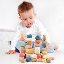 Jacootoys 36 PCs Wooden Stacking Rocks Balancing Stones, Colorful Montessori Building Blocks Toys Wood Sorting Game for 3 4 5 6 Years Old Kids Boys and Girls