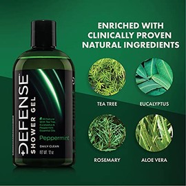 Defense Soap Peppermint Body Wash Shower Gel 12 Oz - Natural Tea Tree Eucalyptus Peppermint Oil (Pack of 2)