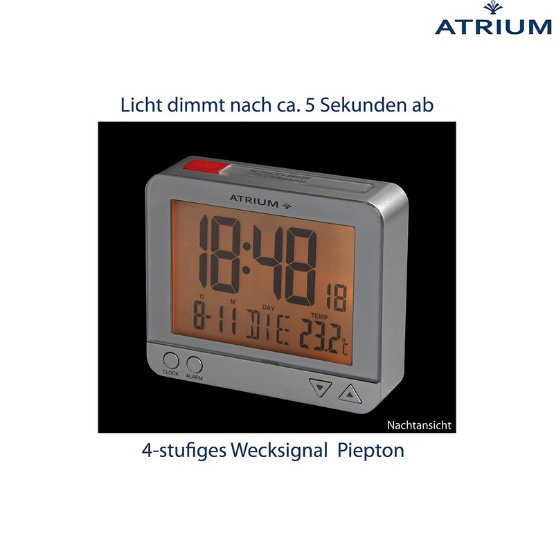 Atrium Funk-Wecker digital Silber sensorgesteuertes Nachtlicht, Obenabsteller, Datum und Temperaturanzeige