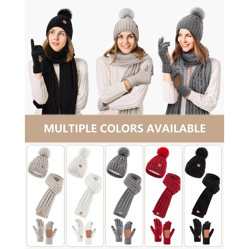 Womens Beanie Hat Scarf Gloves Set, Soft Fleece Lined Winter