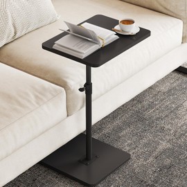 NiHome Minimalist Height Adjustable End Table, 360° Rotatable Sofa Armrest Side Tray Table, Adjustable Legs Space-Saving Couch Bedside TV Tray C-Shaped End Table Snack Table for Eating(Black)