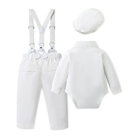WESIDOM Baby Boy Clothes 0-3 Months Newborn Infant Baptism Christening Outfit, Shirt + Bowtie + Beret + Suspender Pant Baby Boy Suit Clothing Set
