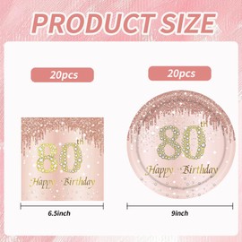 HiEnjoin 80th Rose Gold Birthday Plates and Napkins, 9 Inch Pink Rose Gold Disposable Dinner Dessert Plates Happy 80th Birthday Party Supplies Decorations for Girls Women