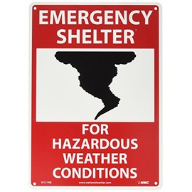 NMC M121RB Emergency and First Aid Sign with Graphic, Legend "EMERGENCY SHELTER FOR HAZARDOUS WEATHER CONDITIONS", 10" Length x 14" Height, Rigid Plastic, Black/Red on White