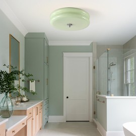Bofea- French Retro Semi Flush Ceiling Light, Mint Green Glass LED Round Ceiling Lamp, Nordic Minimalism Flush Green Glass Light for Bedroom Corridor&Dining Room