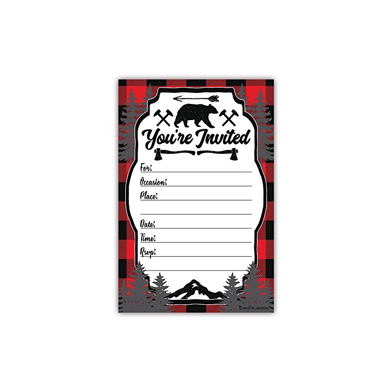Lumberjack Rustic Birthday Party or Baby Shower Invitations (20 Count)