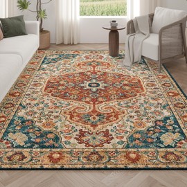 Living Room Rugs,Washable Rugs,Stain Resistant Soft Thin Rug,Vintage Home Decor Non Slip Sound Absorbing Rug, for Bedroom,Office Farmhouse Kitchen Table Carpet (Brown-Blue, 6‘×9’)