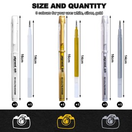 VEGCOO 3 Pack White Gel Pens with 3 Replacement Refills, 1mm White Gel Pen, White Ballpoint Pen Highlighter for Art Drawing Sketching Writing (White/Silver/Gold)