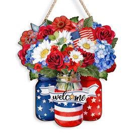 Pigort Wooden 4th of July Decoration Door Wreath – Patriotic Independence Day Wreath with Flowers, Heart-Shaped Welcome Sign (10.2×11.4 in) for Front Door, Wall, Outdoor & Indoor Home Decor