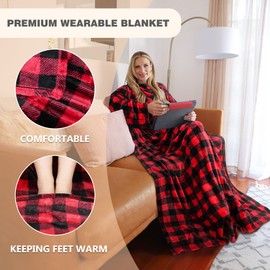 Catalan Classy Wearable Blanket Sleeve Gift,For Adults, Women, Men, Super Soft, Warm Fit, Micro Plush, Lightweight Fleece Body Blanket, TV Wrap Blanket with Pockets，Red Plaid