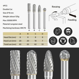 4 Pack Short Carbide Burr Set - Compatible with Dremel Rotary Tool L 2.5 Inch Die Grinder Drill Bit Attachment Tungsten Burr Drill Tool Accessories Cutting Burr Metal Grinding Engraving Grafting