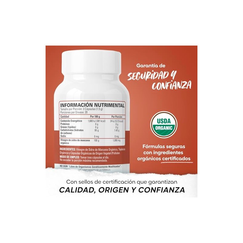 VINAGRE DE MANZANA 60 CÁPSULAS ORGÁNICO - USDA