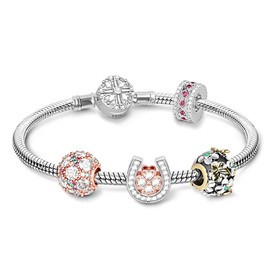 GNOCE Charm Bracelet for Women 925 Sterling Silver Snake Chain Bracelet with Flower Clusters Colorful Charm Bead Basic Charm Bangle with Clasp, 7.1 inches, Silver, Cubic Zirconia