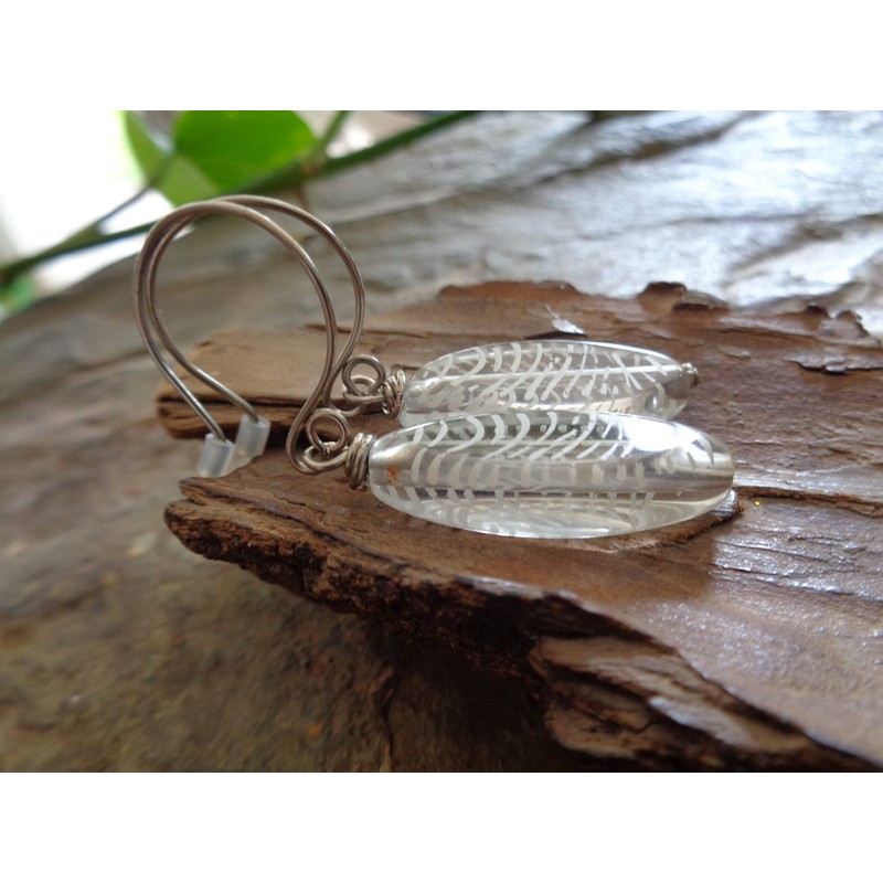 ✿ TRANSPARENTER GEMUSTERTER GLASTROPFEN & LANGE HAKEN ✿ Glas Ohrringe