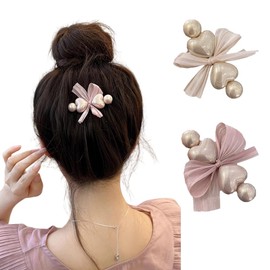 2Pcs Pearl Bows Hair Clips Heart Shape Hair Clip Pearl Bows Hair Pins Hair Accessories for Women(White+Pink)